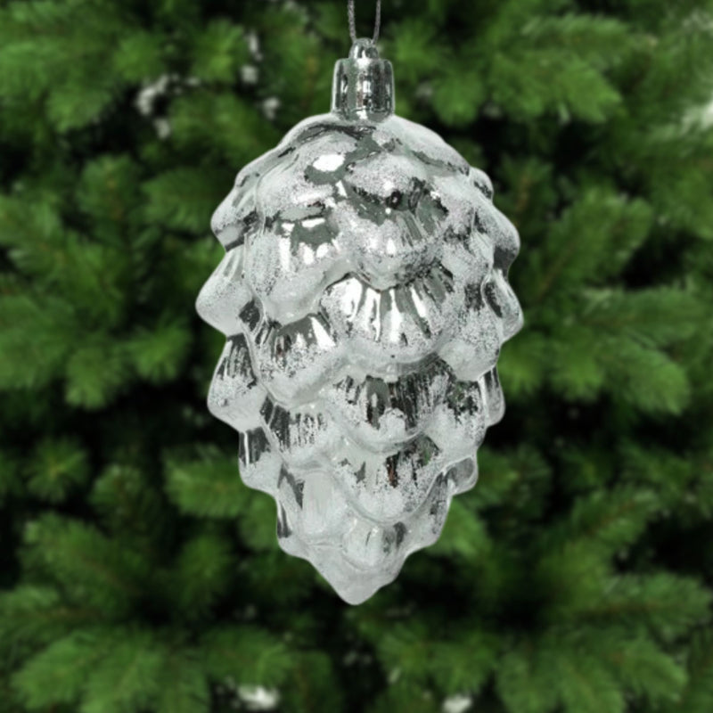 Pack of 6 Silver Pinecone with Glitter Christmas Tree Decorations