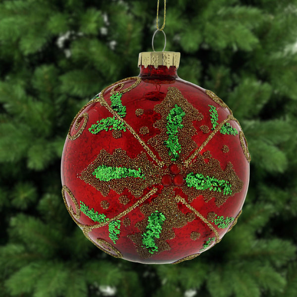 8cm Shiny Red Glass Bauble with Green Holly Design Tree Decoration