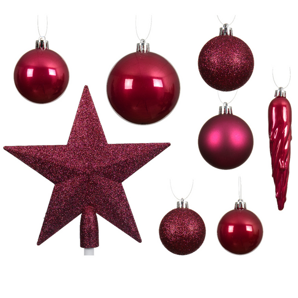 Pack of 33 Festive Pink Shatterproof Mixed Baubles and Star Tree Topper