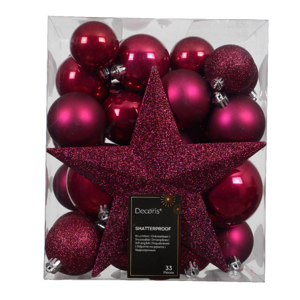 Pack of 33 Festive Pink Shatterproof Mixed Baubles and Star Tree Topper