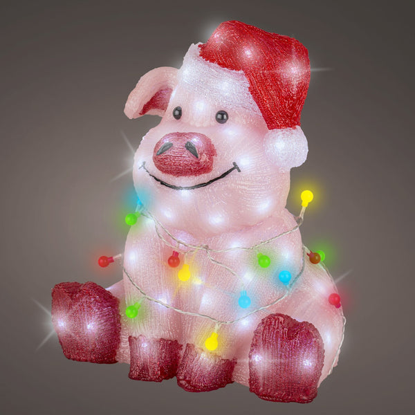 Pink Pig with Santa Hat and Fairy Lights Christmas Acrylic Figure