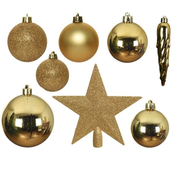 Pack of 33 Light Gold Shatterproof Tree Baubles with Star Tree Topper