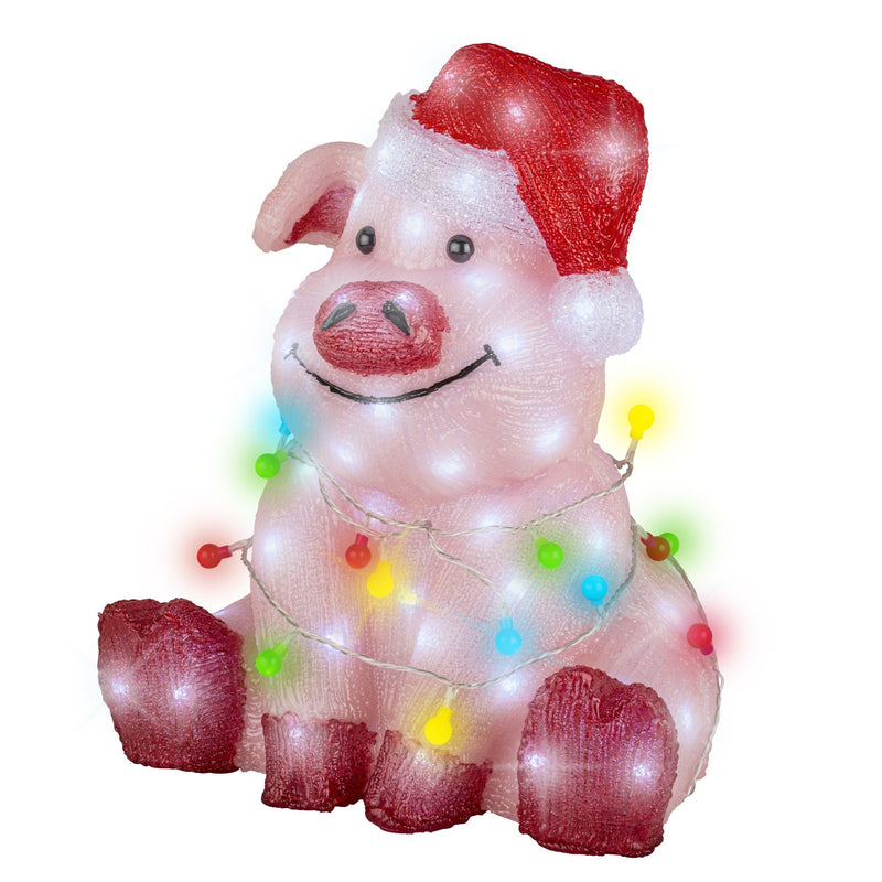 Pink Pig with Santa Hat and Fairy Lights Christmas Acrylic Figure