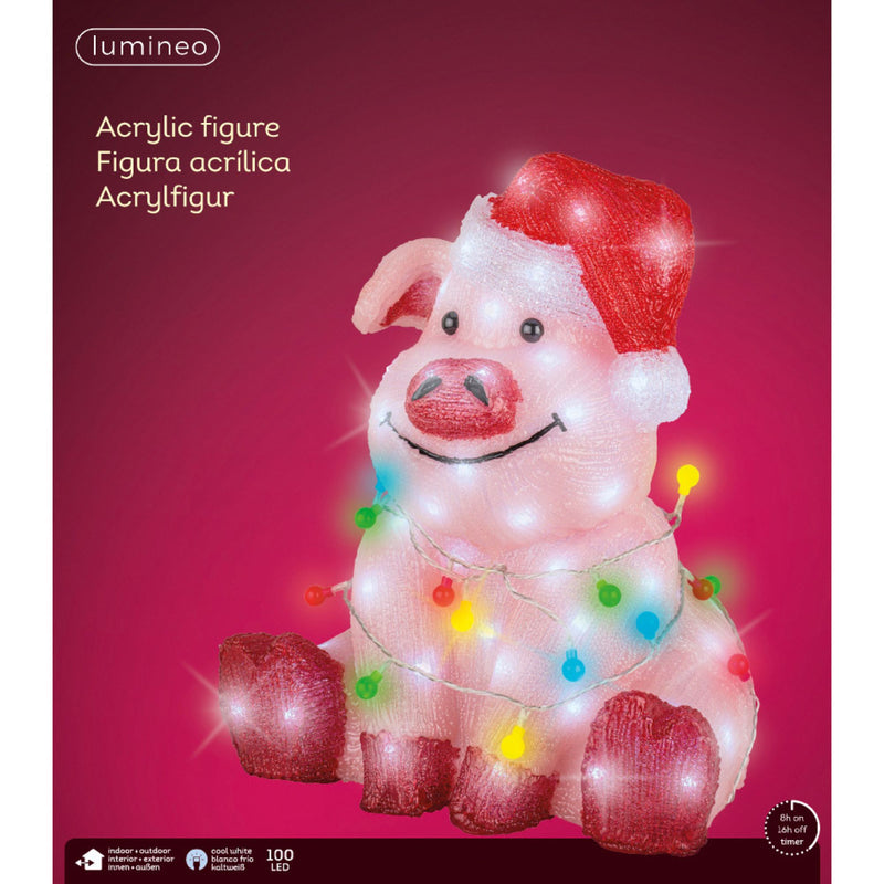 Pink Pig with Santa Hat and Fairy Lights Christmas Acrylic Figure