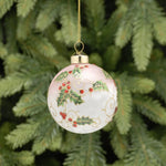 8cm White Glass Bauble with Holly Design Tree Decoration