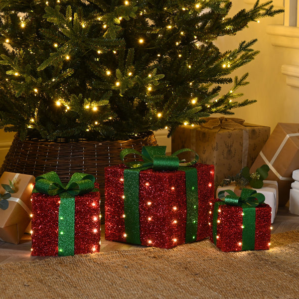 Set of 3 Red and Green LED Battery Powered Christmas Presents