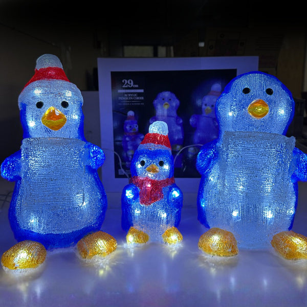 Set of 3 Penguin Choir Lit Christmas Acrylics with 80 White LEDs