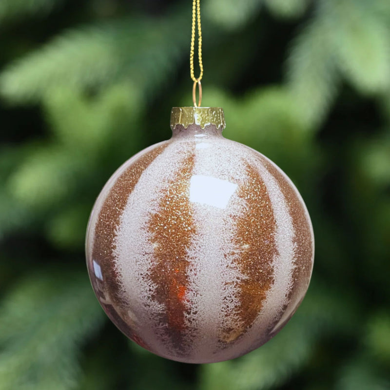 8cm Brown Glass Bauble with White Snowy Stripe Pattern Tree Decoration