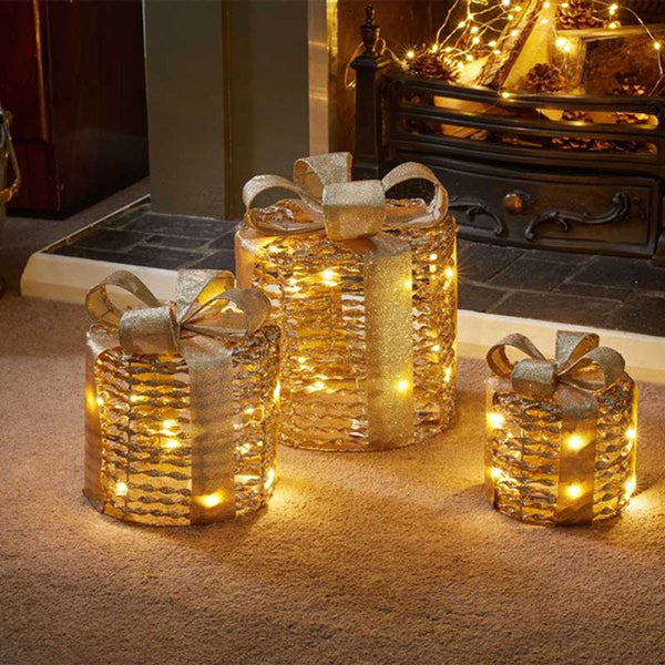 Set of 3 Gold Glitter Twist LED Christmas Presents