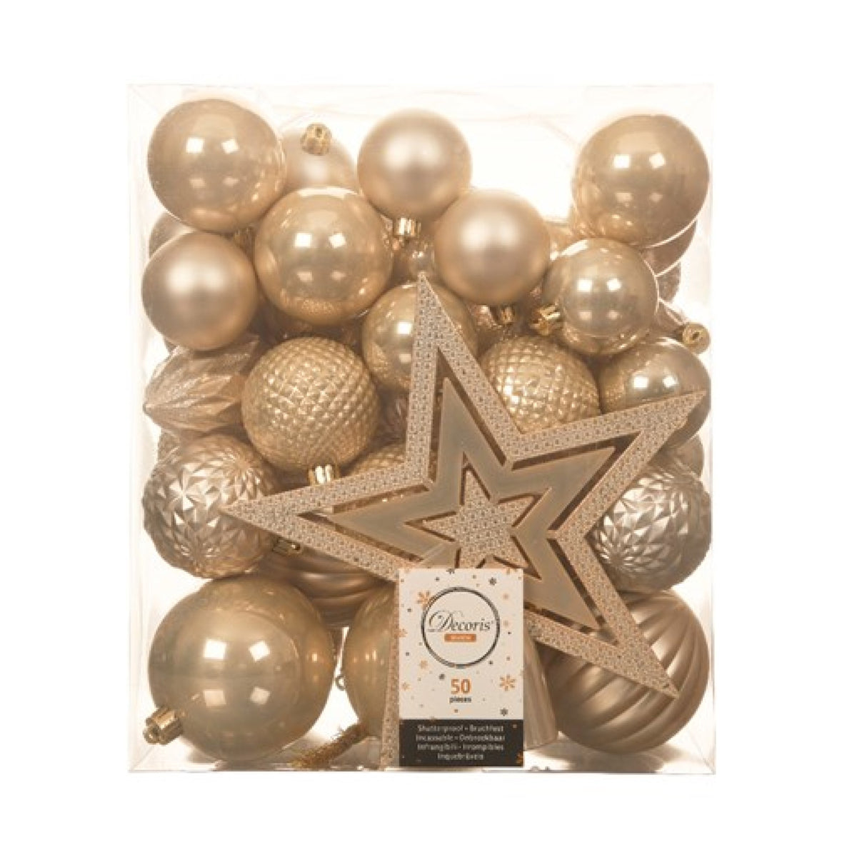 Pack of 50 Pearl Shatterproof Mixed Baubles with Star Tree Topper