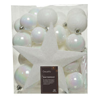 Box of 40 White and Pearlescent Christmas Tree Baubles with Tree Topper