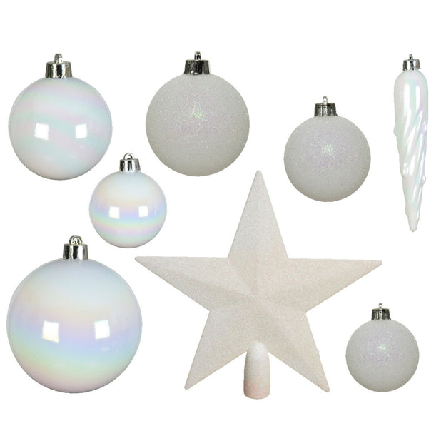 Box of 40 White and Pearlescent Christmas Tree Baubles with Tree Topper