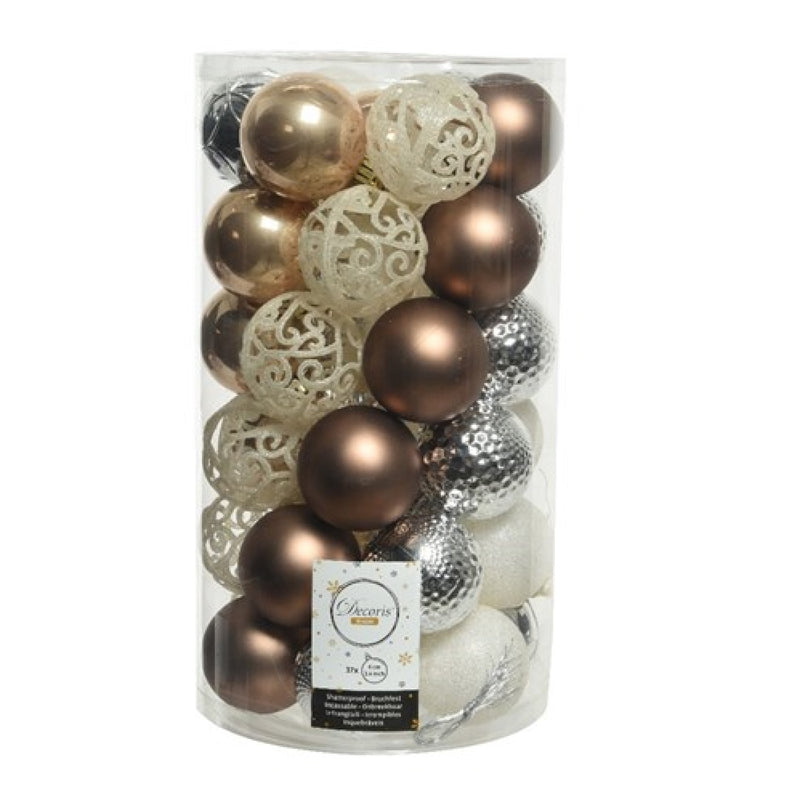 37 White Silver and Butterscotch Mixed Christmas Tree Baubles