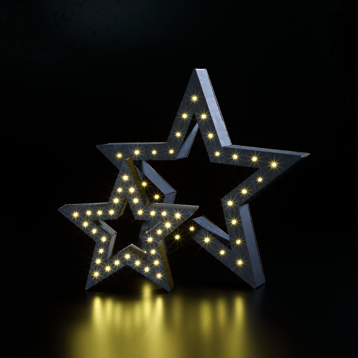 Set of 2 Rustic Grey Wooden LED Lit Stars