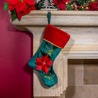 Red and Green Velour Luxury Christmas Stocking with Poinsettia
