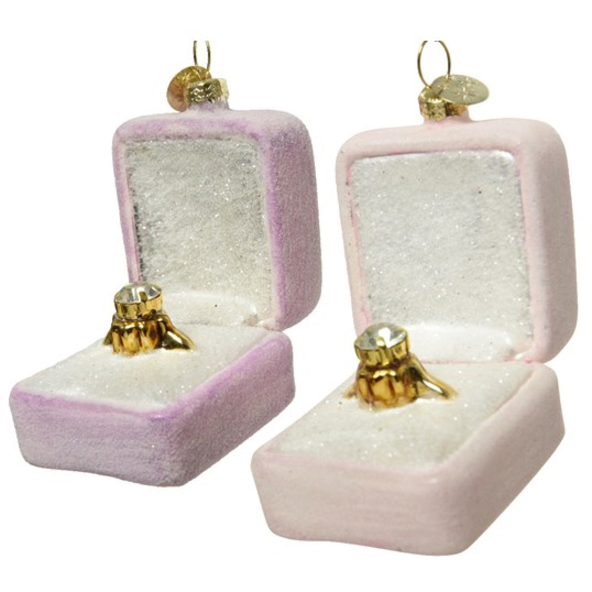 Set of 2 Pink Glitter Finished Glass Ring Box Tree Decorations