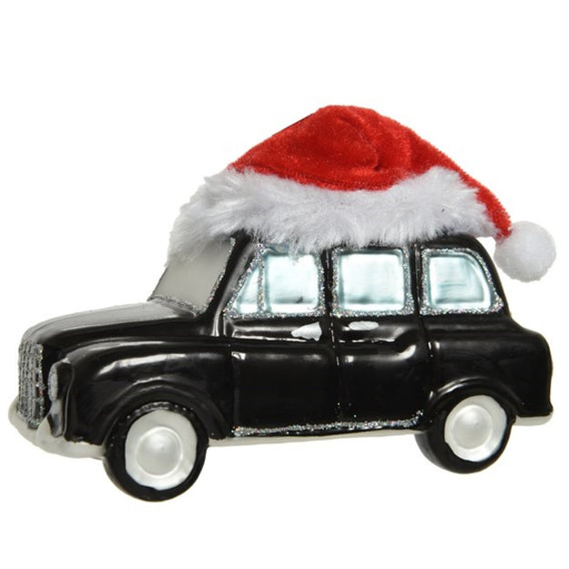 Novelty Black Cab Taxi with Santa Hat Glass Tree Decoration