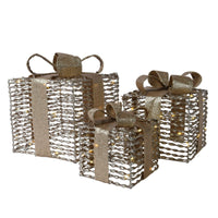 Set of 3 Gold Pre Lit Gold Glittery Christmas Presents with Bows