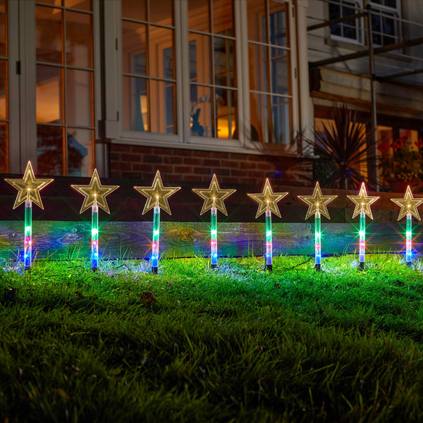 Set of 8 Multi Coloured Festive Star Pathfinder Stake Lights