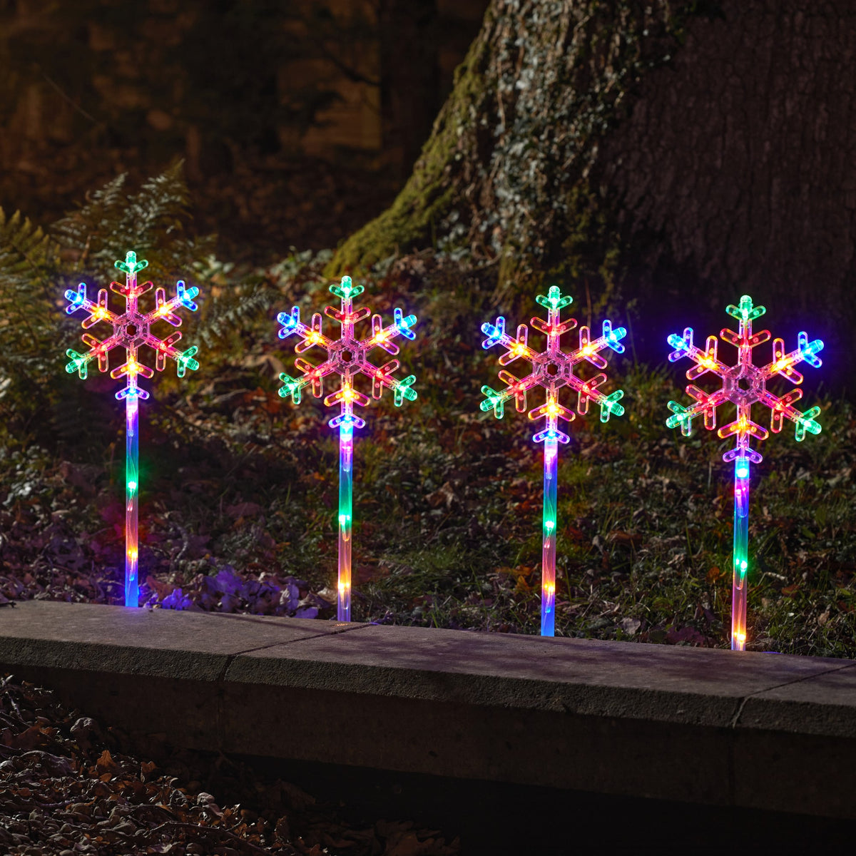 Set of 4 Large Multi Coloured Snowflake Pathfinder Stake Lights