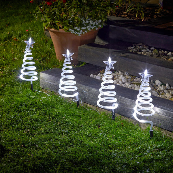 Set of 4 Cool White Spiral Tree Pathfinder Stake Lights