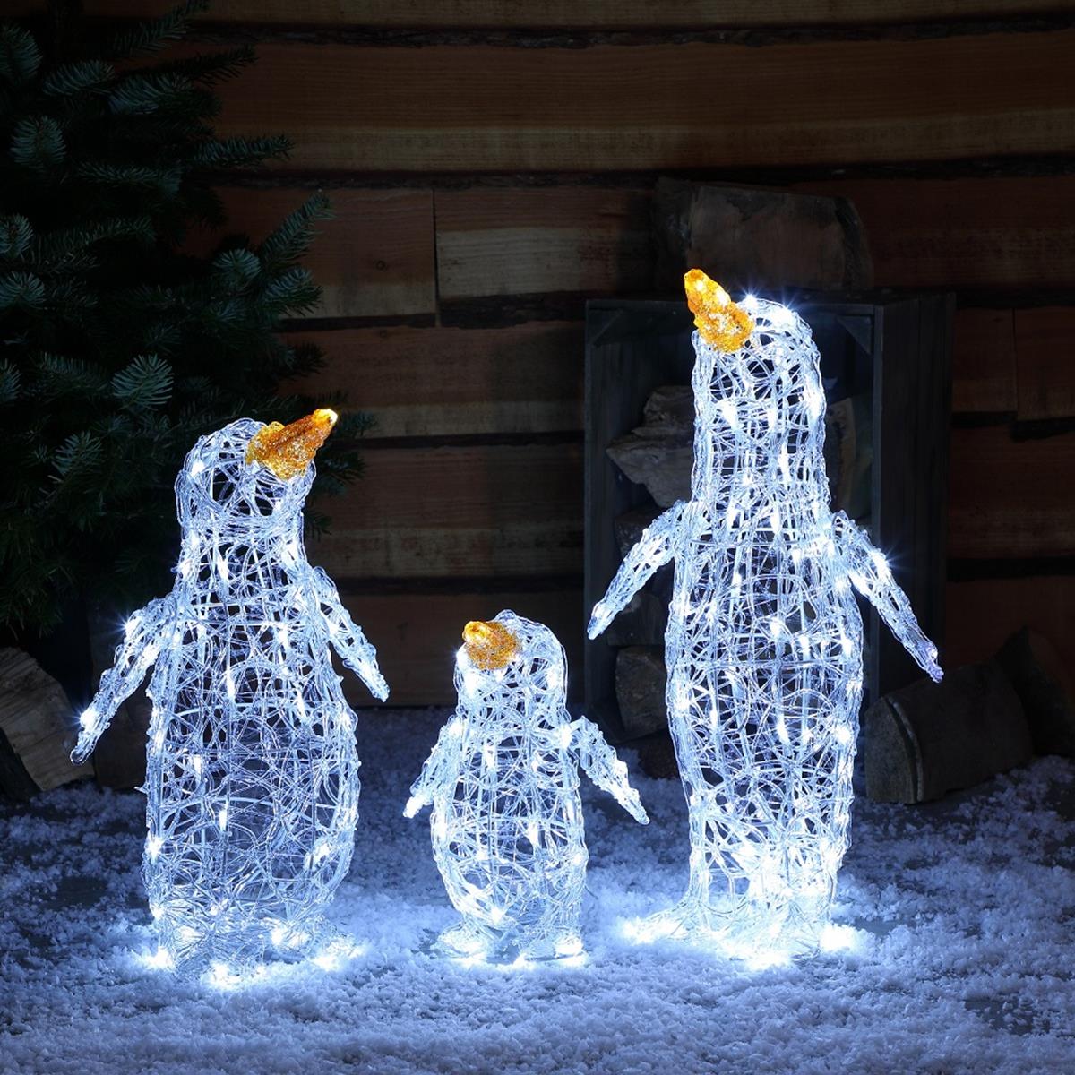Set of 3 White Acrylic Christmas Penguins Lit with 160 White LEDs