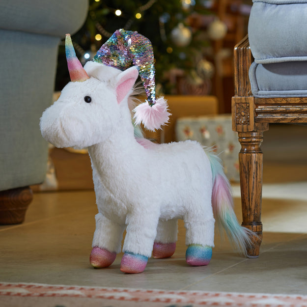 Soft Plush Unicorn with Glittery Santa Hat