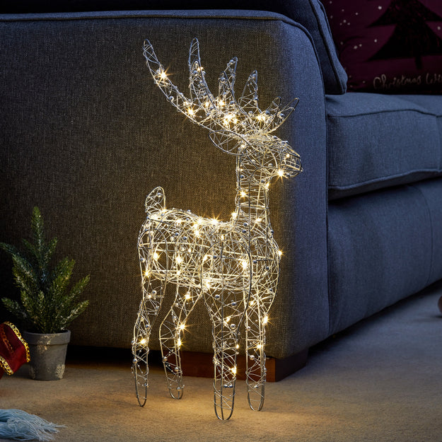 Silver Wire Reindeer with 60 Warm White LEDs