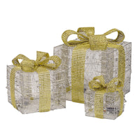Set of 3 Pre Lit Silver Glittery Christmas Presents with Gold Bows