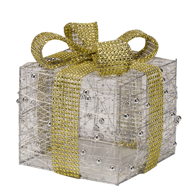 Set of 3 Pre Lit Silver Glittery Christmas Presents with Gold Bows