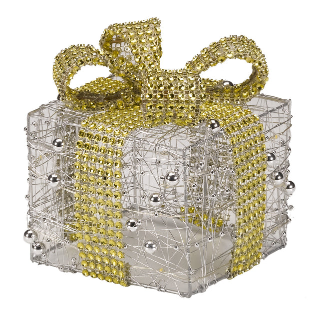 Set of 3 Pre Lit Silver Glittery Christmas Presents with Gold Bows