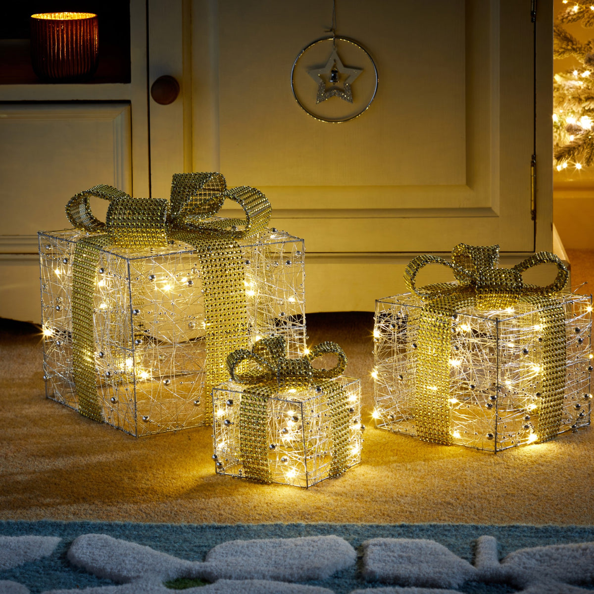 Set of 3 Pre Lit Silver Glittery Christmas Presents with Gold Bows