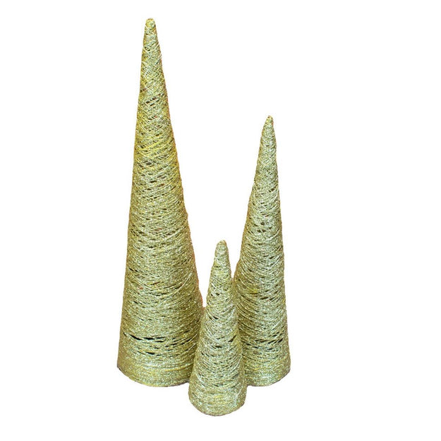 Set of 3 Battery Powered Gold LED Lit Christmas Cones