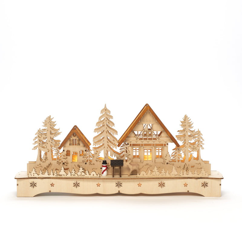 LED Wooden Village Silhouette With Snowman