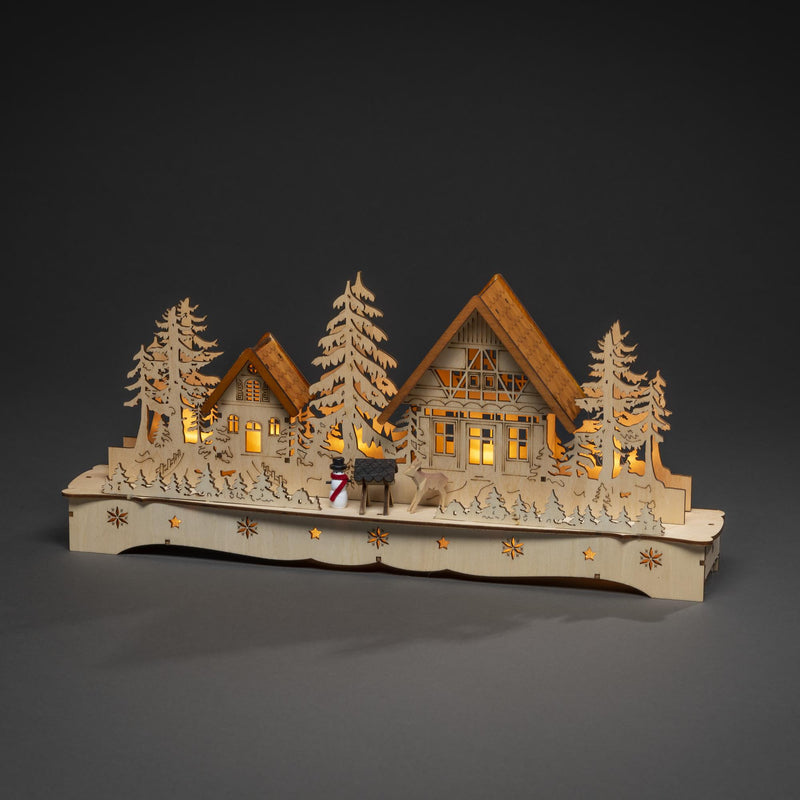 LED Wooden Village Silhouette With Snowman