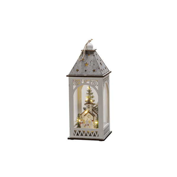 Wooden Christmas Lantern with Lit Church Scene