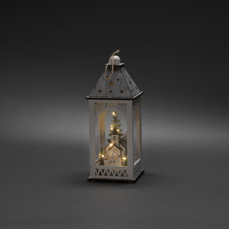 Wooden Christmas Lantern with Lit Church Scene