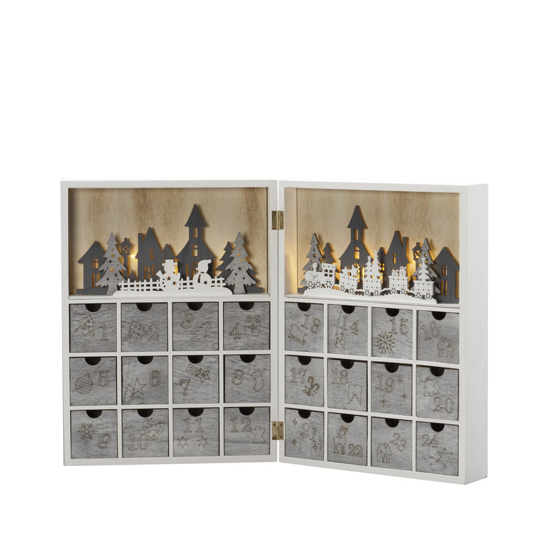 Christmas Scene Silhouette Wooden Advent Calendar with Warm White Lights