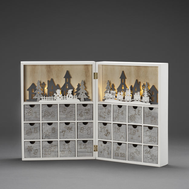 Christmas Scene Silhouette Wooden Advent Calendar with Warm White Lights