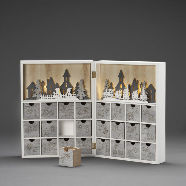 Christmas Scene Silhouette Wooden Advent Calendar with Warm White Lights