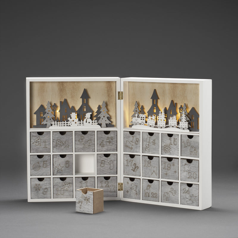 Christmas Scene Silhouette Wooden Advent Calendar with Warm White Lights