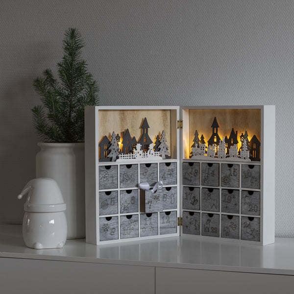 Christmas Scene Silhouette Wooden Advent Calendar with Warm White Lights