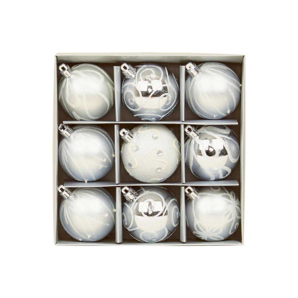 Pack of 9 Silver Bauble Christmas Tree Decorations