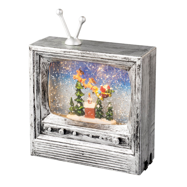Silver TV Glitter Lit Water Spinner Decoration with Santa and Sleigh