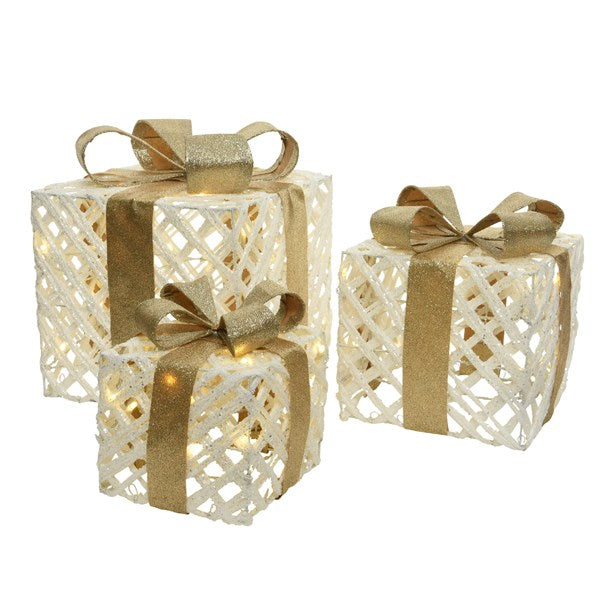 Set of 3 LED Lit Christmas Presents with Bows
