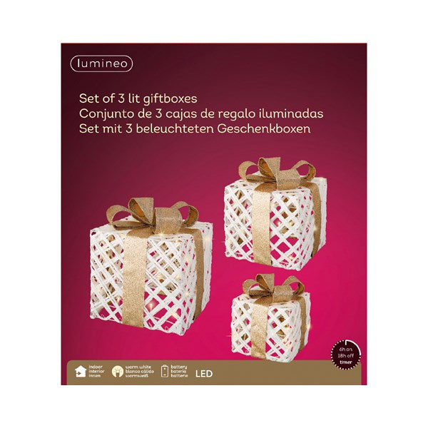 Set of 3 LED Lit Christmas Presents with Bows