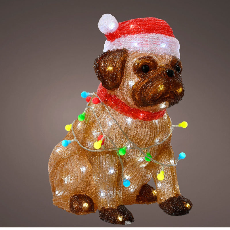42cm Pug with Fairy Lights and Santa Hat LED Christmas Acrylic Figure