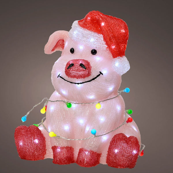 Pink Pig with Santa Hat and Fairy Lights Christmas Acrylic Figure