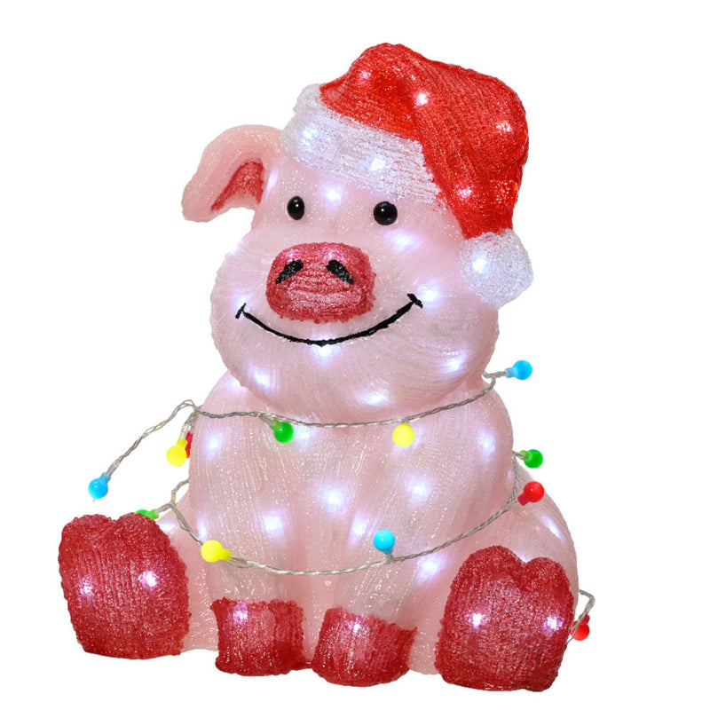 Pink Pig with Santa Hat and Fairy Lights Christmas Acrylic Figure