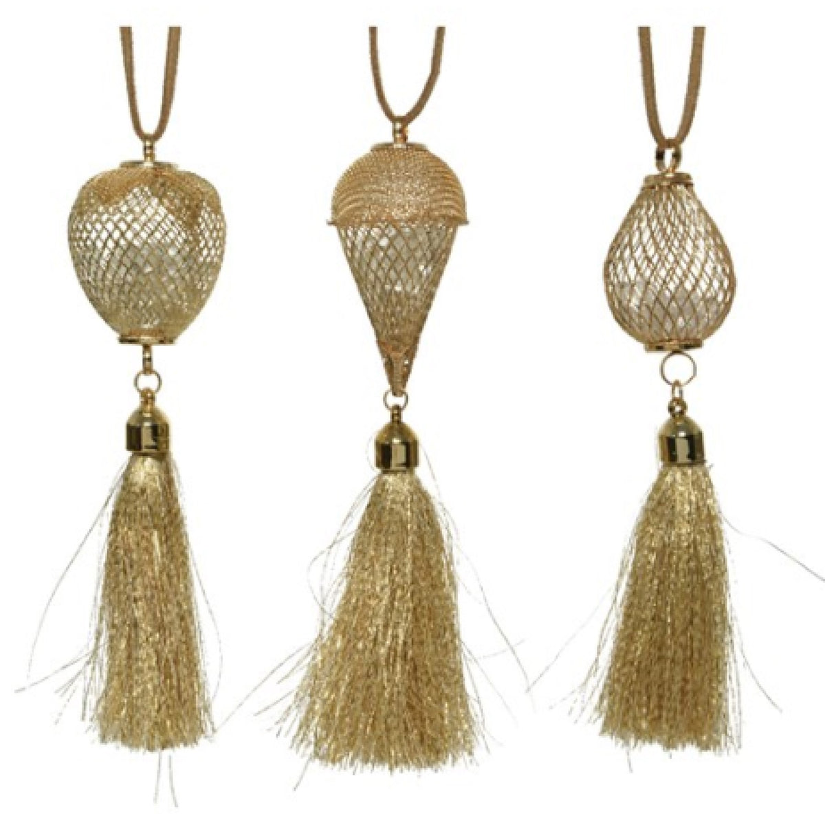 Pack of 3 Assorted Gold Christmas Tree Decorations with Tassels